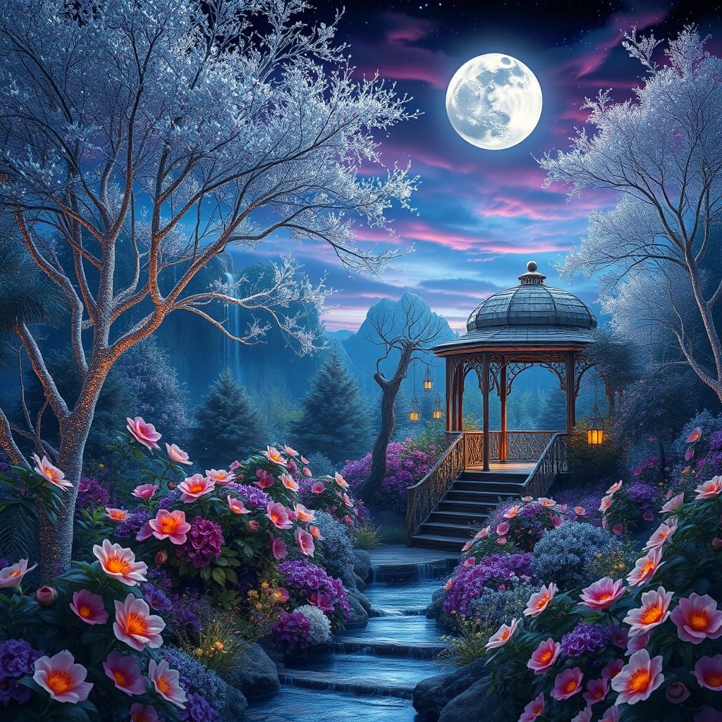 Dreamlike Garden Scene in Whimsical Style