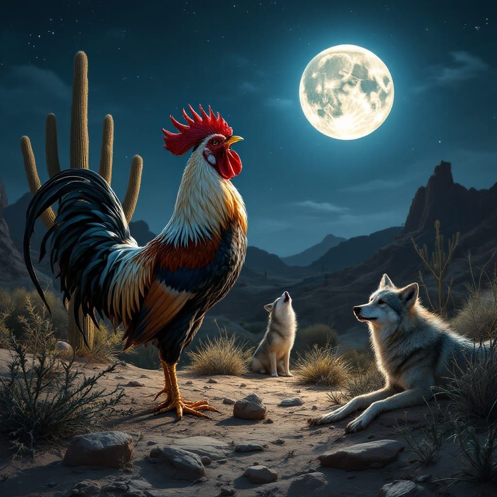 Moonlit Desert Scene with Rooster and Coyotes