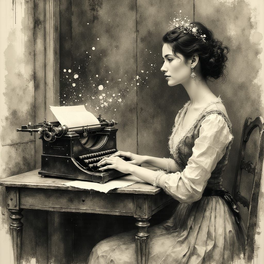 Surreal Woman with Typewriter in Pencil and Charcoal