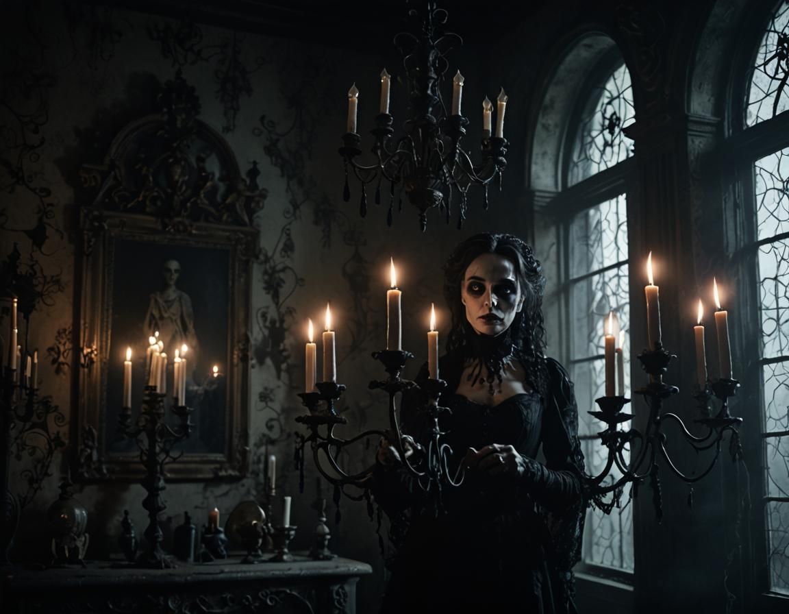 Eerie Figure in Gothic Mansion, Dark Fantasy Horror