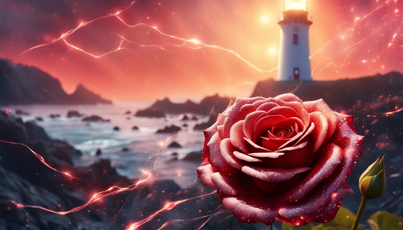 Sparkling Rose Macro with Distant Lighthouse in Background