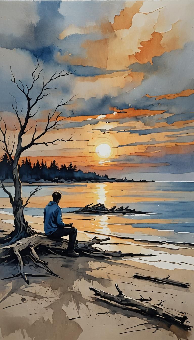 Artist Painting Sunset Beach Scene in Modern Ink Style