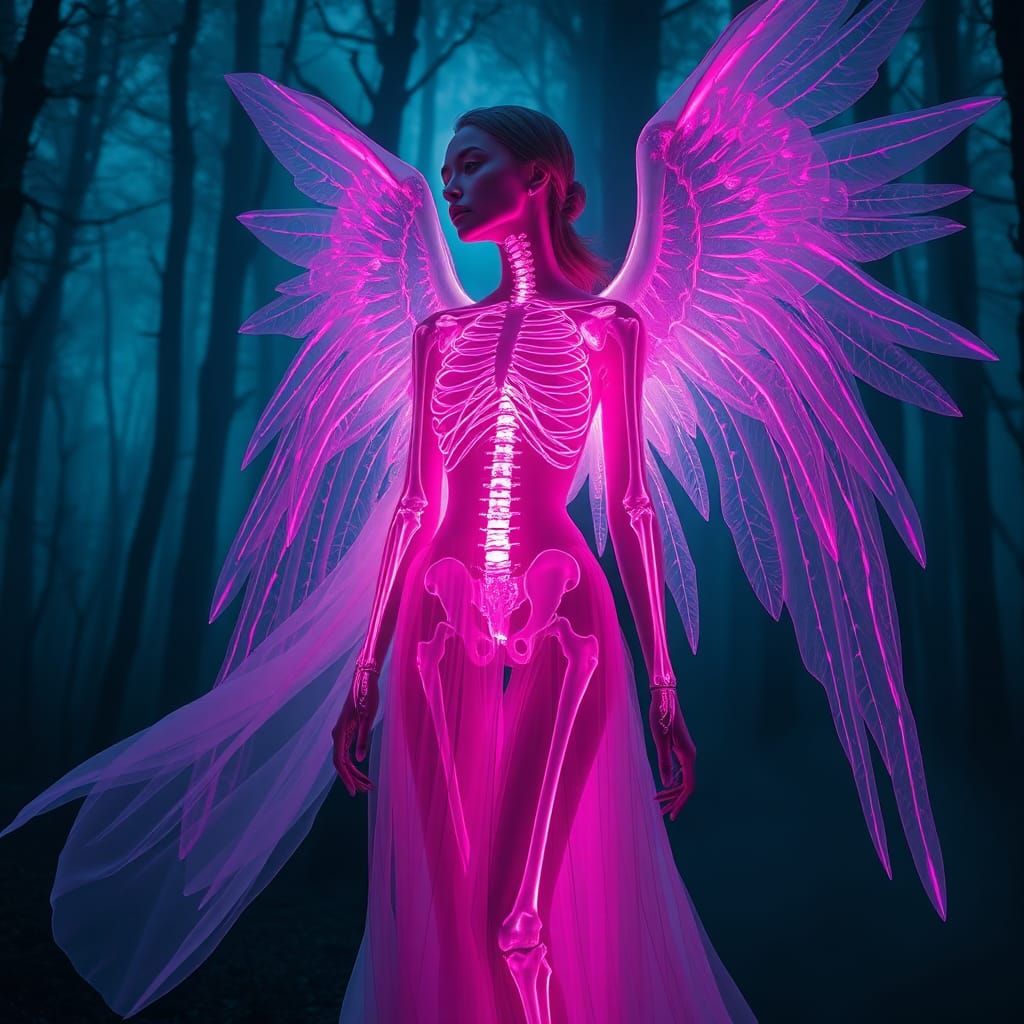 Ethereal Angel with Neon Skeleton in Mystical Forest