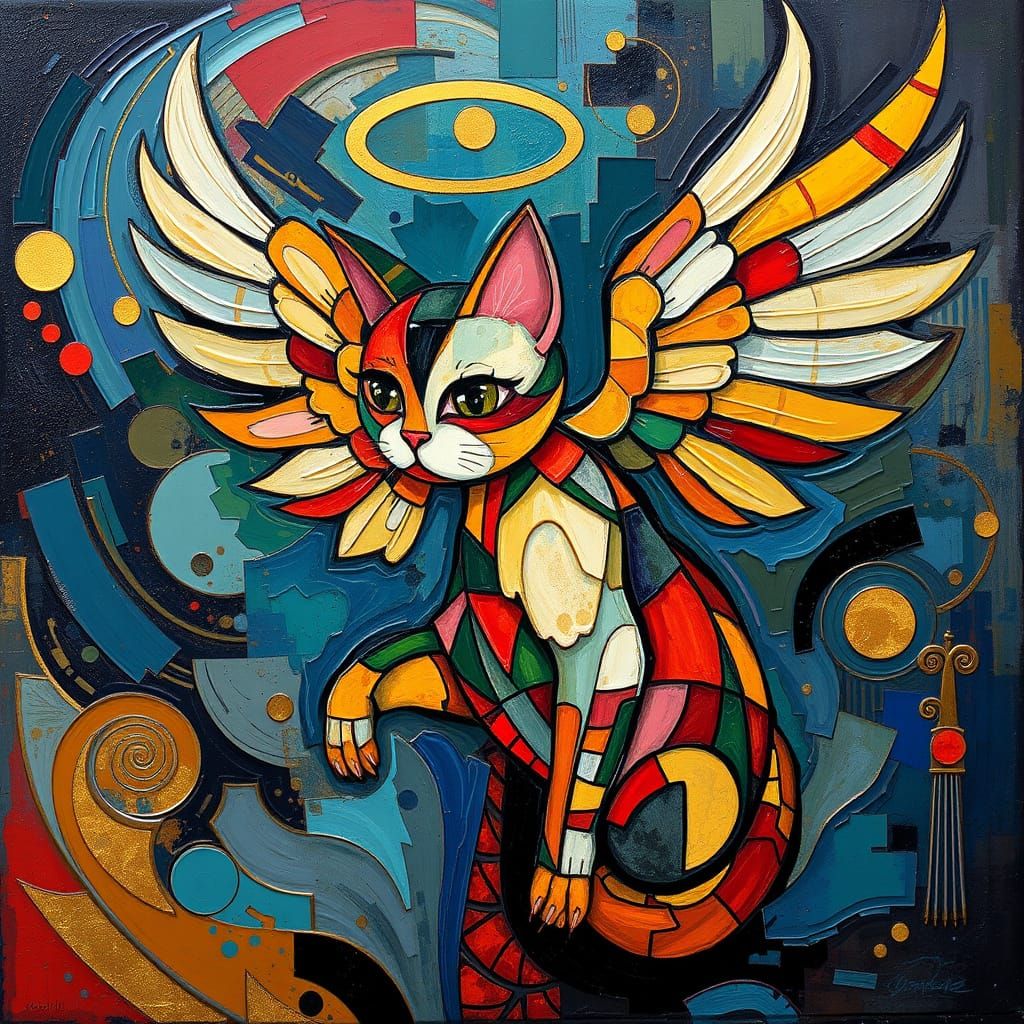 Abstract Angel Cat, Impasto Painting, Cubism, Multimedia Gustav Klimt