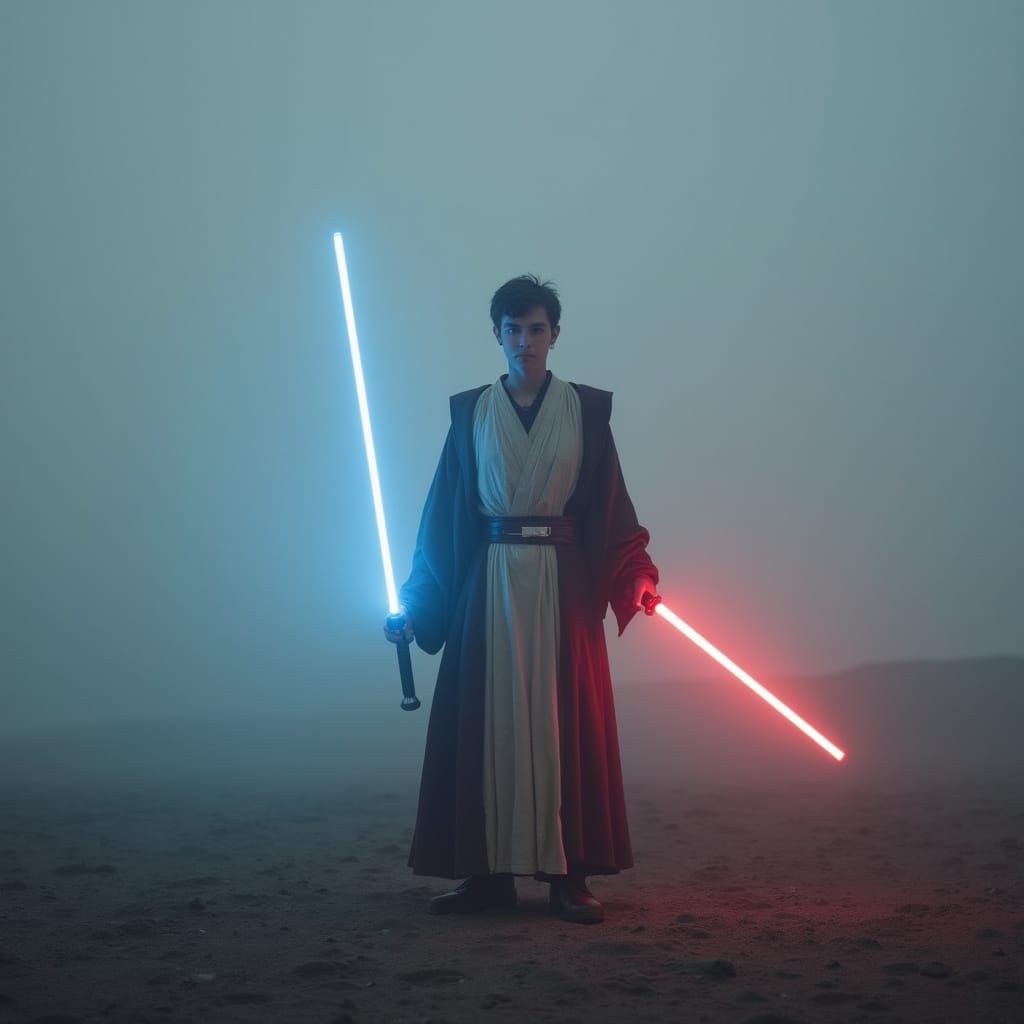 Young Jedi Stands Tall on Misty Planet, Dual-Wielding Iconic...