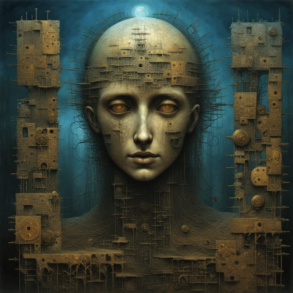Macabre Moonlit Mystery in Klimt-Beksinski Style