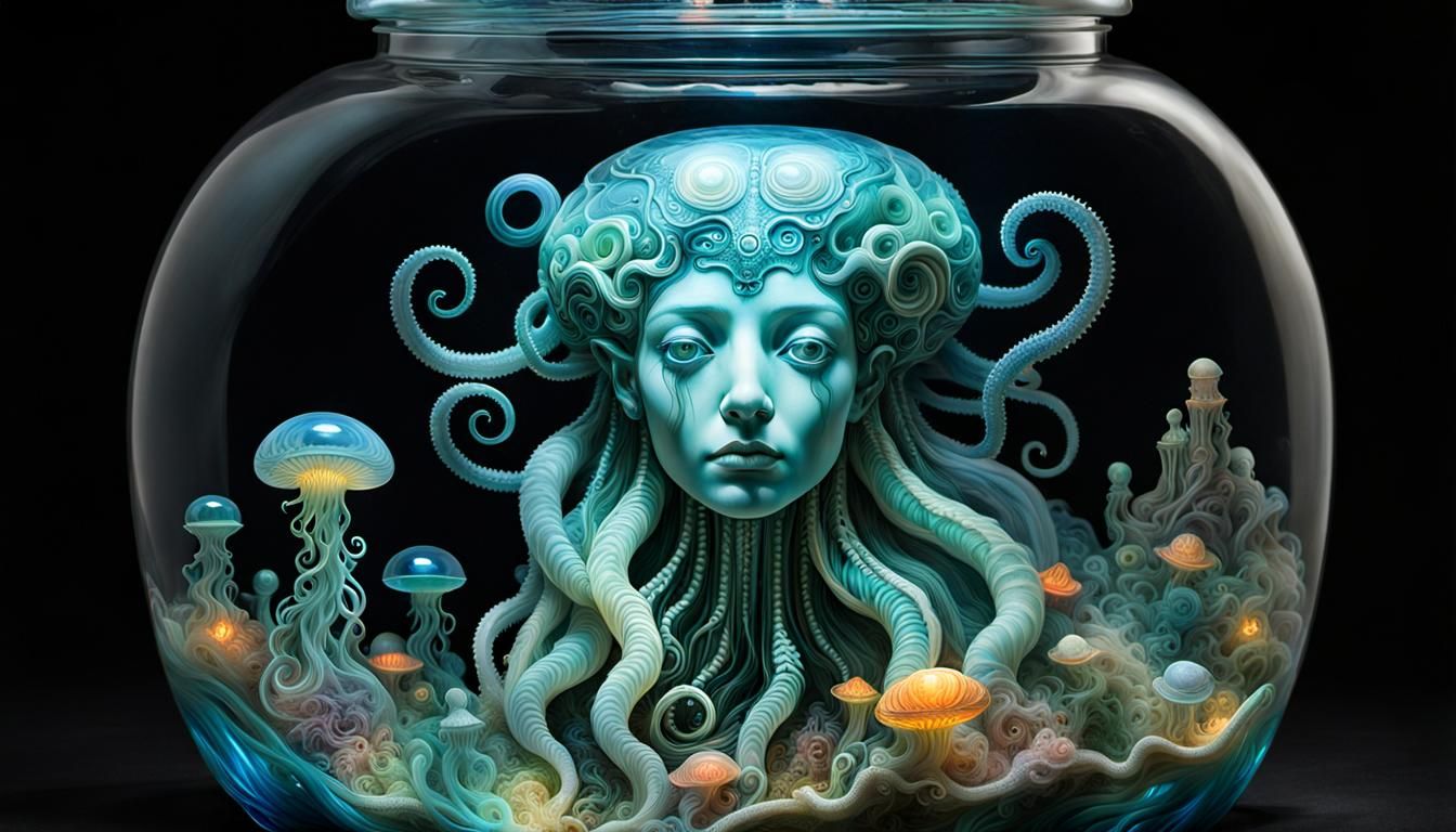 Surreal Medusa Head in Jar of Dreams