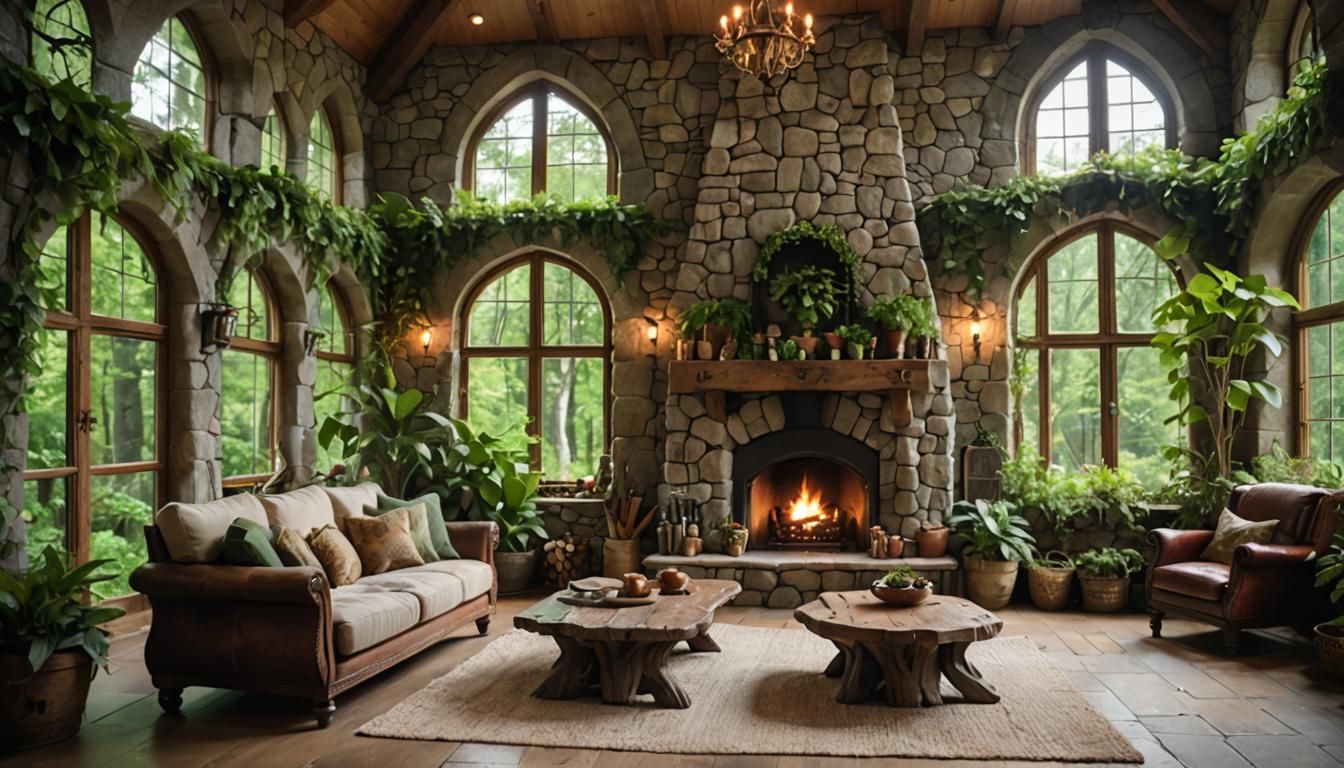 Elven Living Room with Stone Fireplace