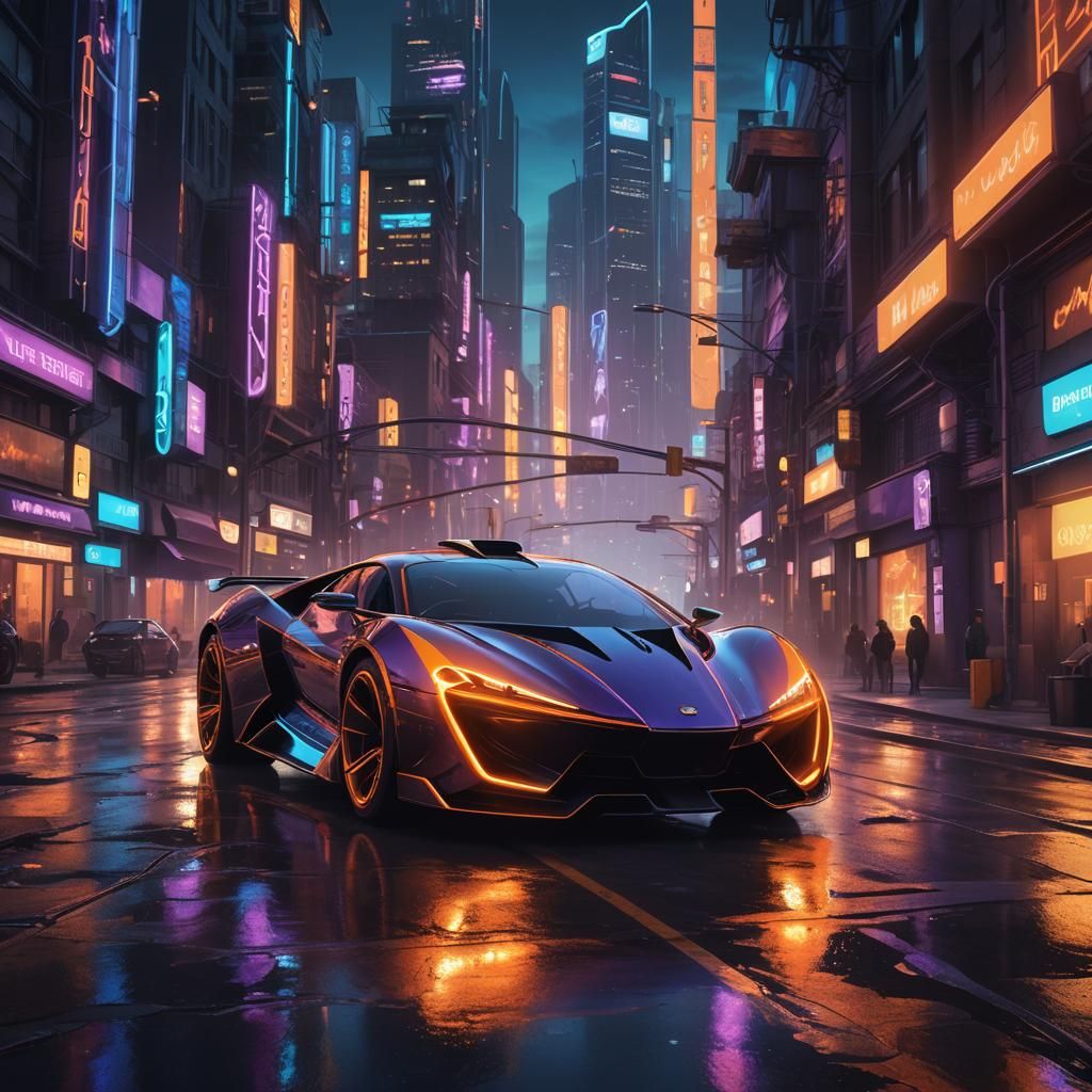 Futuristic Car Speeds Through Neon Dystopian City