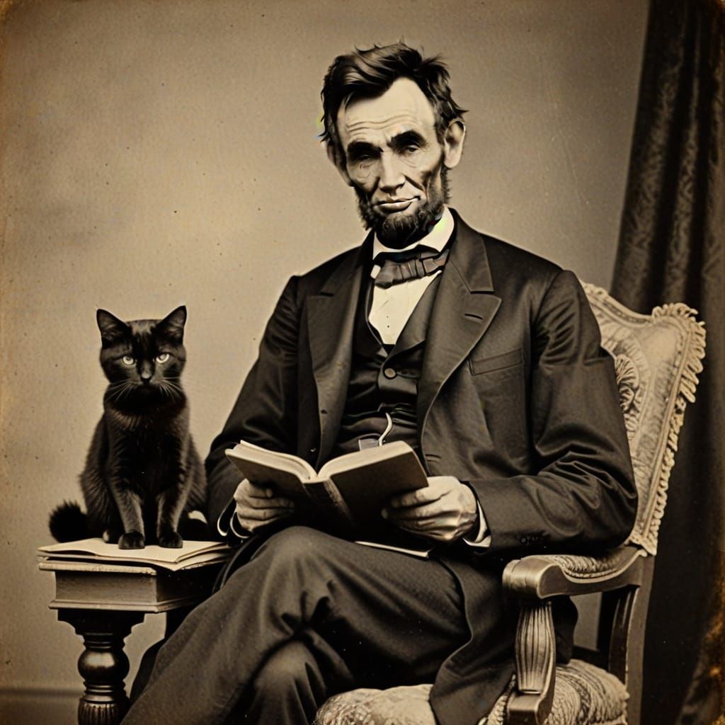 Abraham Lincoln Reads with Feline Companion in Distressed 19...