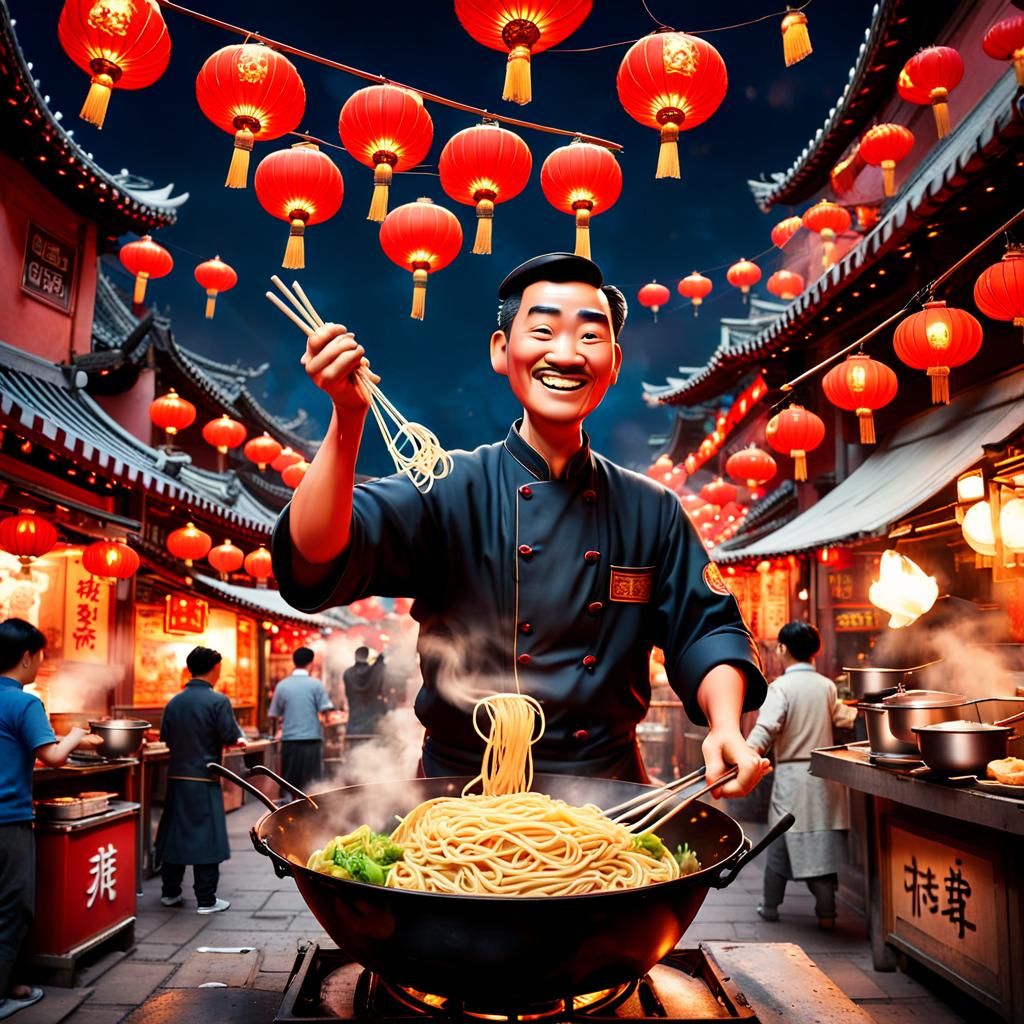 Pixar-Style Chinese Chef Flipping Noodles at Night