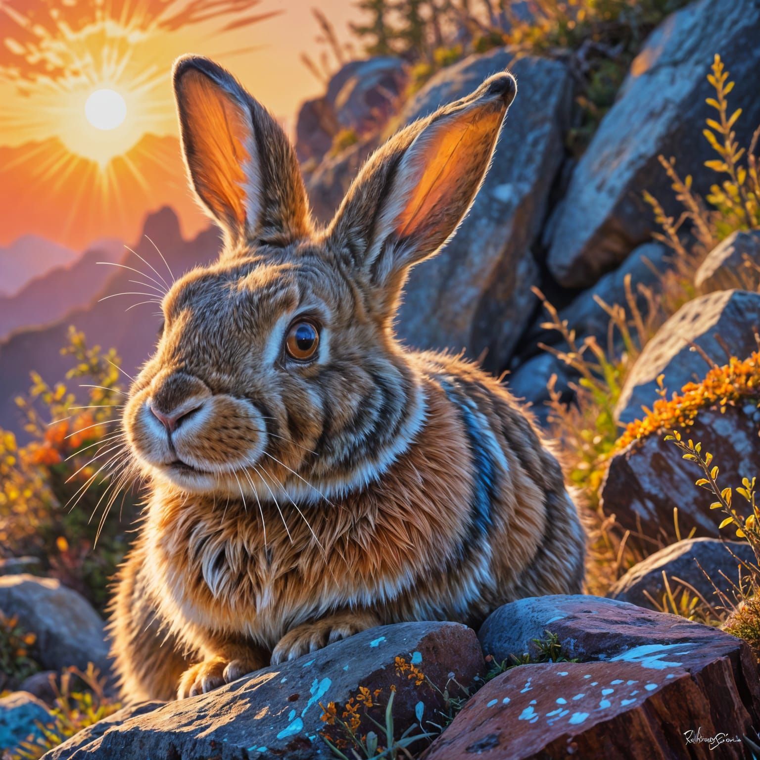 Whimsical Rabbit with Antlers Overlooking Mountain Valley