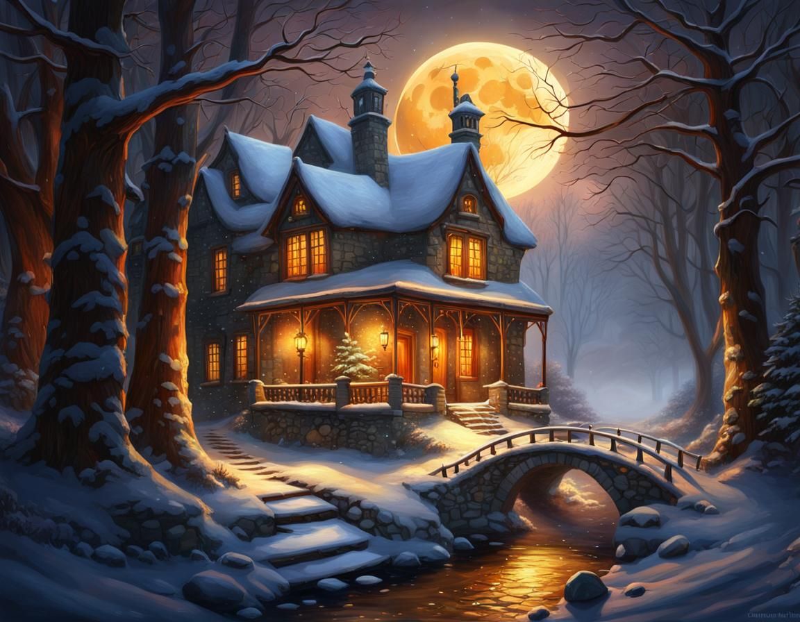 Cozy Winter House in Forest: Digital Matte Painting