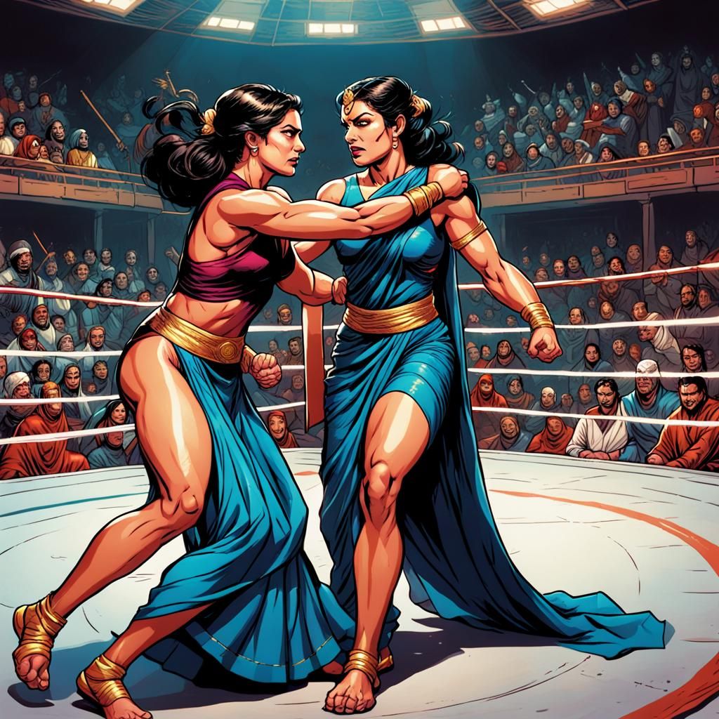 Saree-Clad Women Wrestling in Comic Book Style