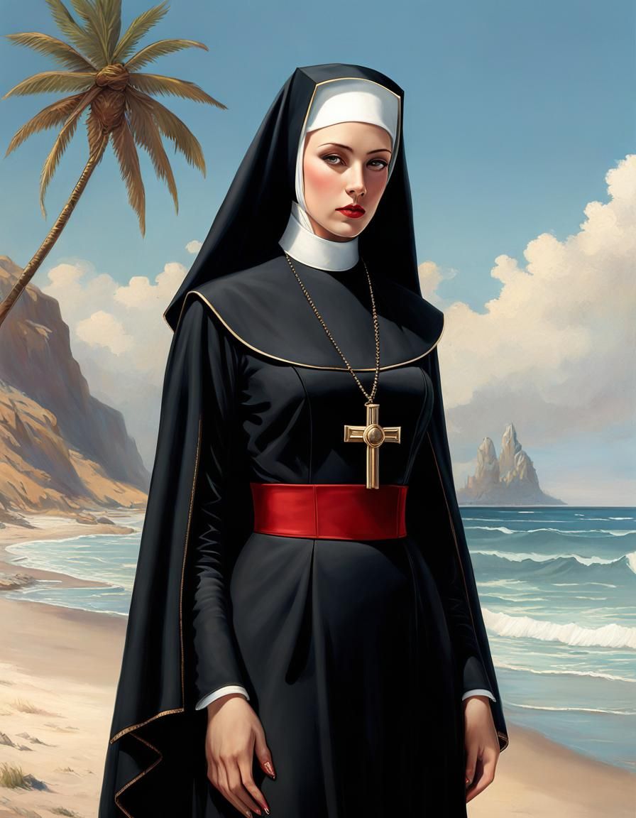 Nun on Beach in Hyper-Detailed Digital Art