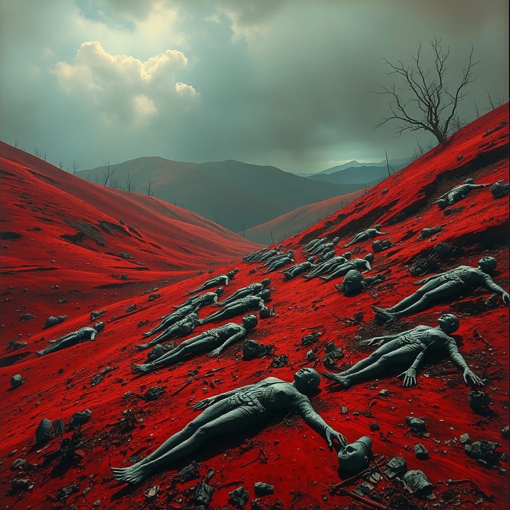 Dark Valley Landscape with Dead Soldiers and Ruined Armor