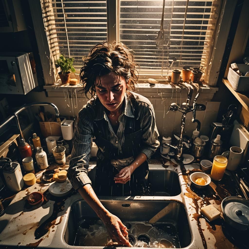 Woman Struggles with Clogged Sink in Dramatic Realism