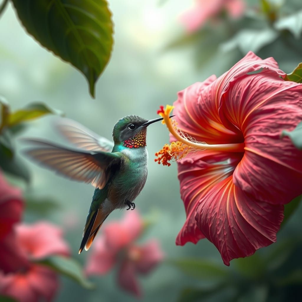 Hummingbird Sipping Nectar in Jungle, Biological Illustratio...