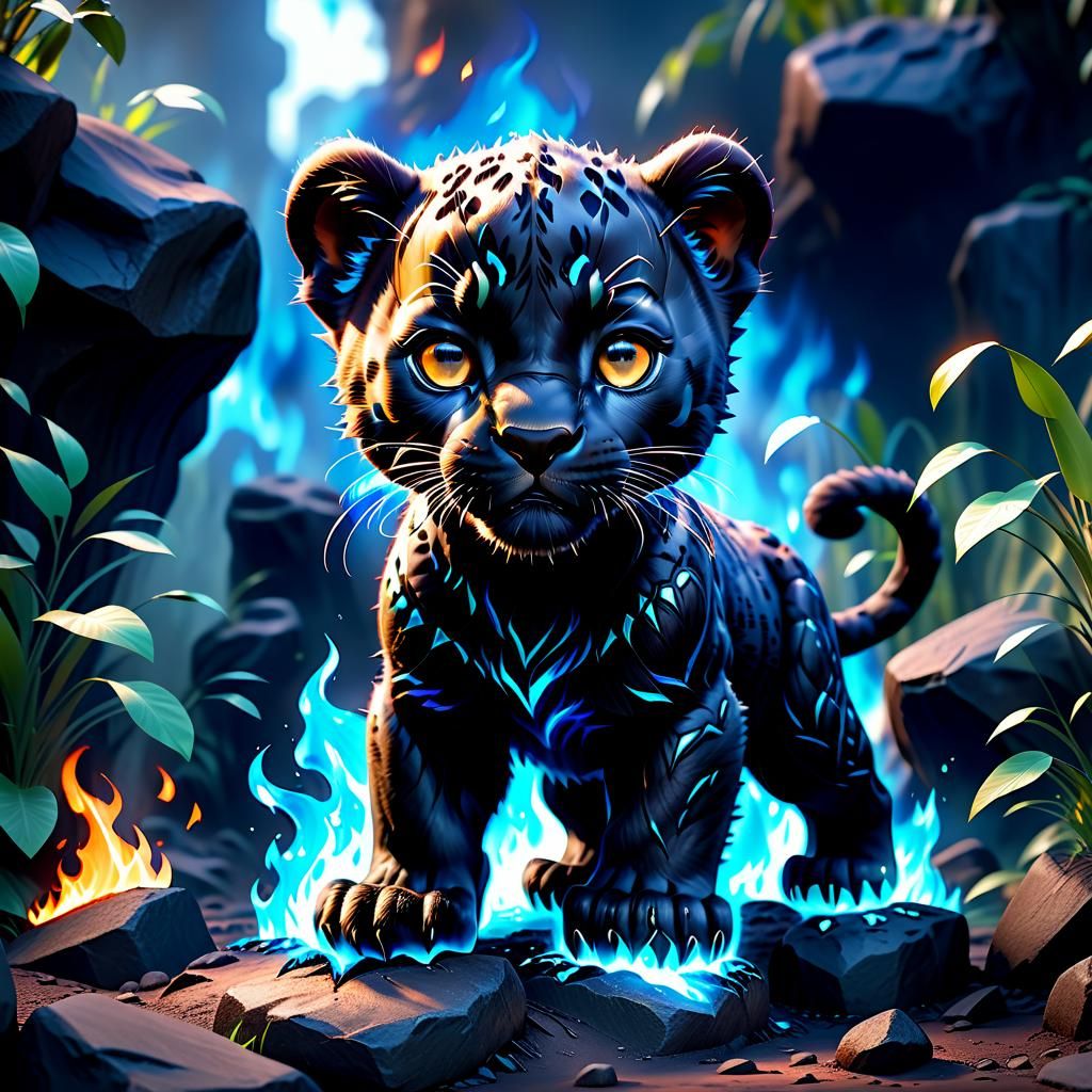 Fiery Black Panther Cub Fantasy Art