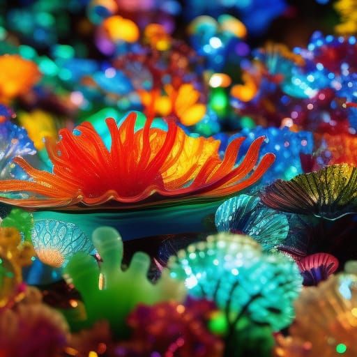 bioluminescent shiny reflective sea anemone