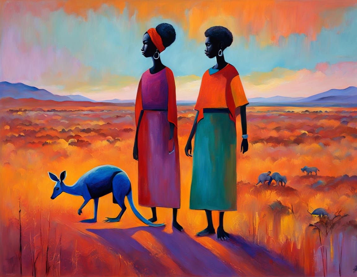 Abstract Expressionist Landscape with Women and Kangaroo