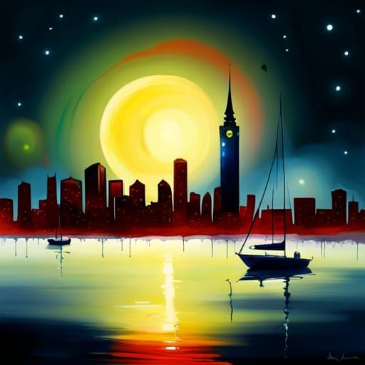 Night Harbor Yacht Cityscape in Digital Art Style
