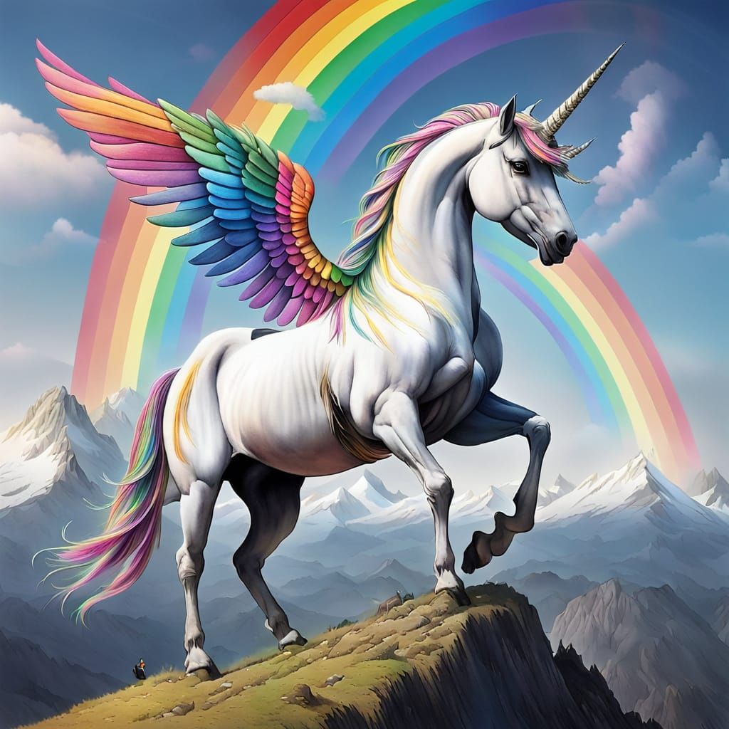 Majestic Unicorn and Wizard on Mountain Summit