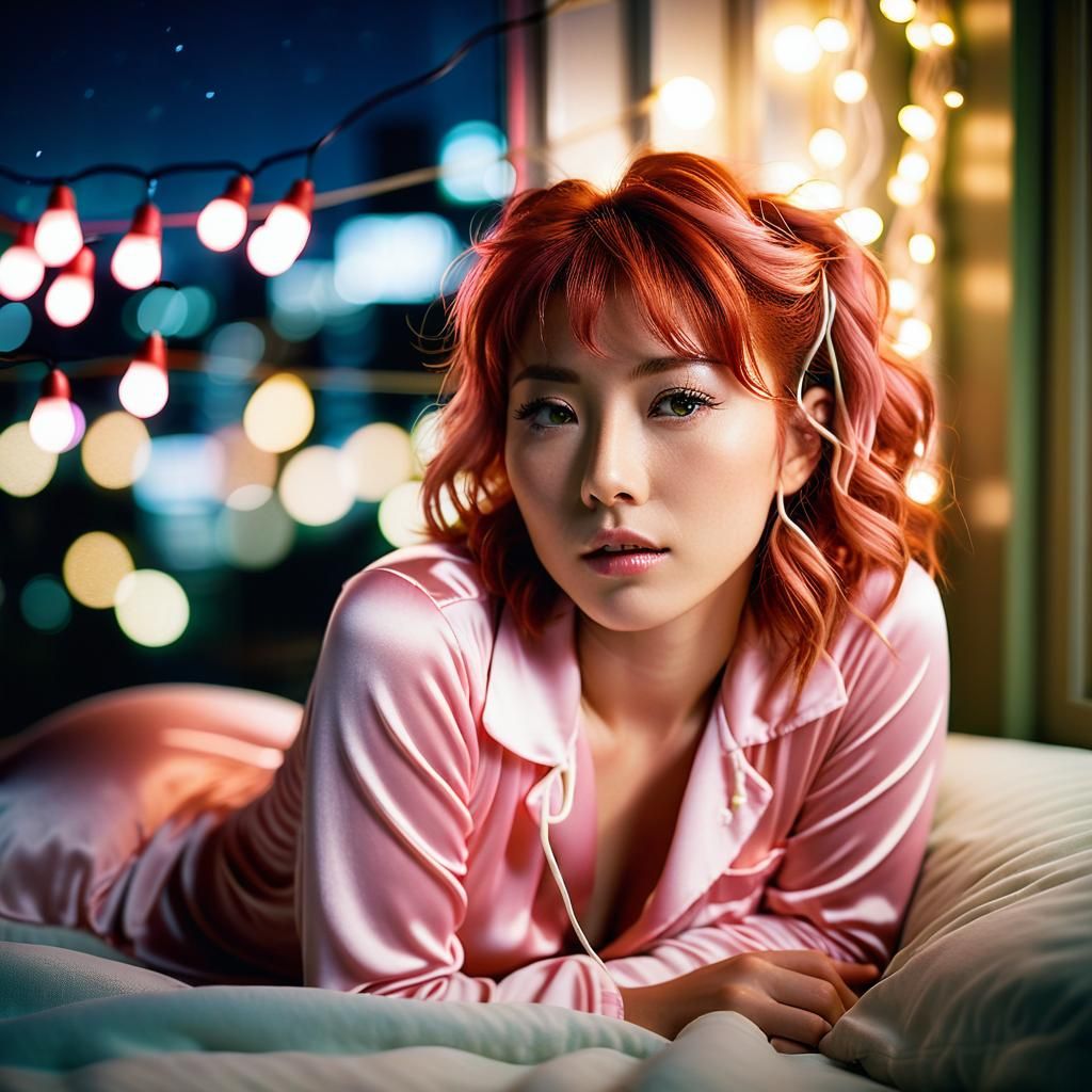 Japanese Woman in Bed in Shibuya, Tokyo at Night