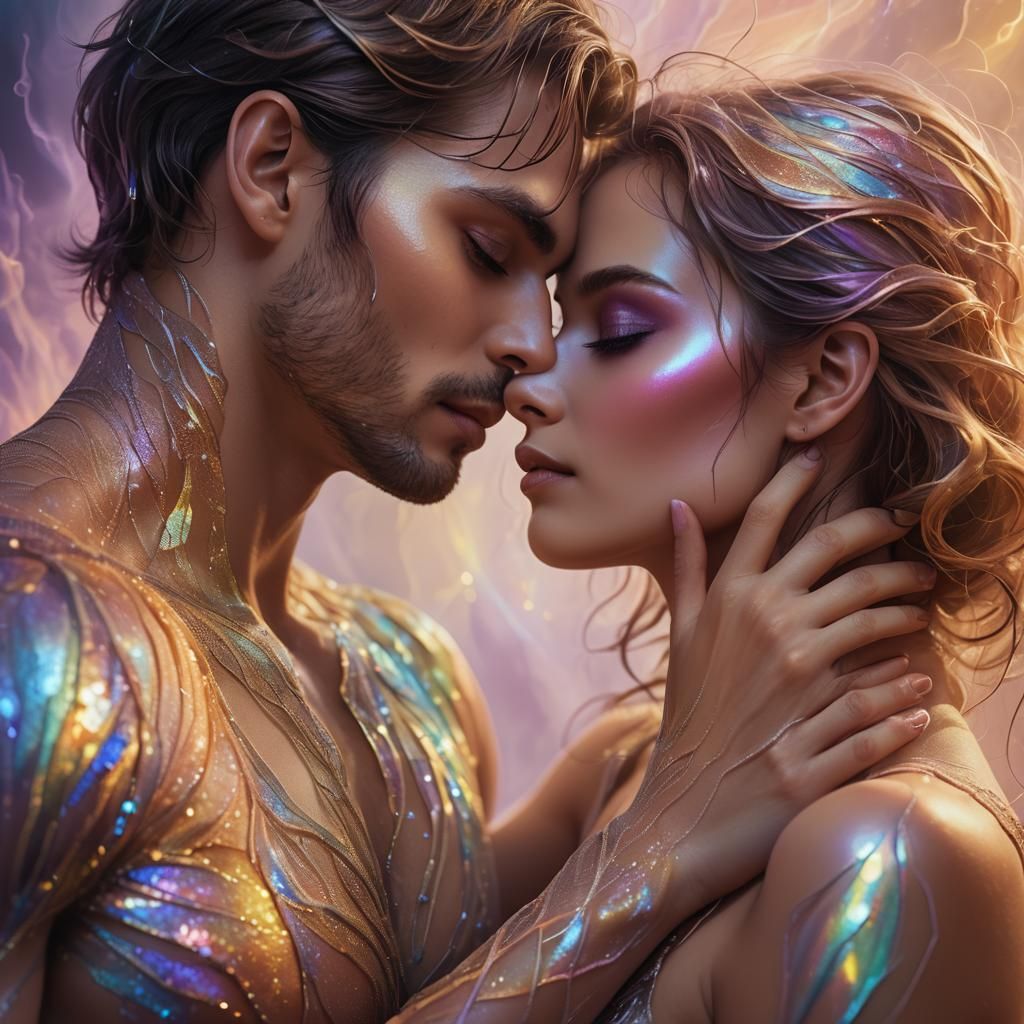 Sensual Couple in Ethereal Embrace: Iridescent Digital Art