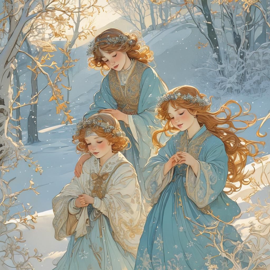 Children Playing in Snow: Alphonse Mucha Illustration