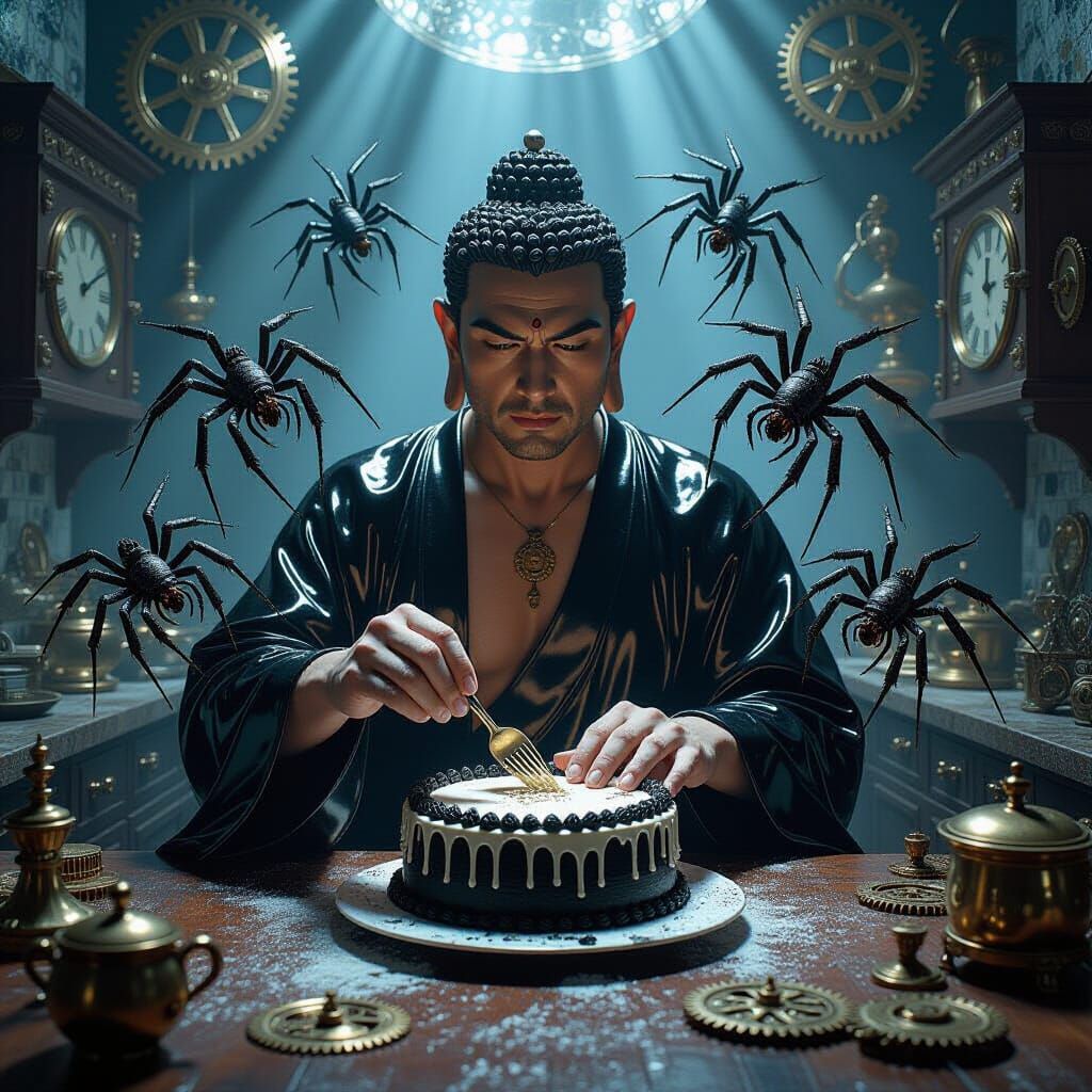 Surreal Buddha-like Man Baking in Steampunk Kitchen