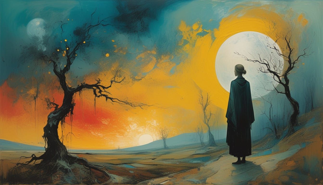 Ethereal Figure in a Dreamlike Landscape, Oil on Rough Paper