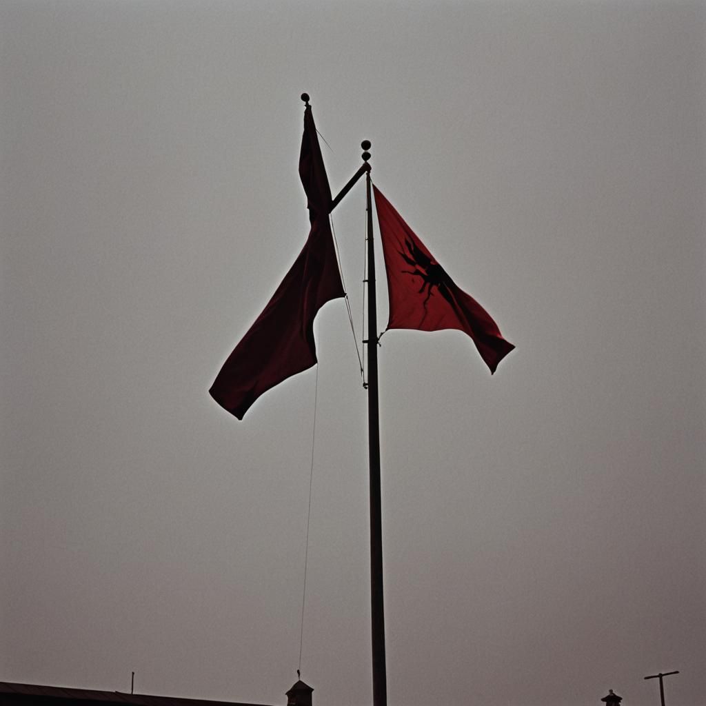 Maroon Flag with Red Insect Head: Cinematic Still