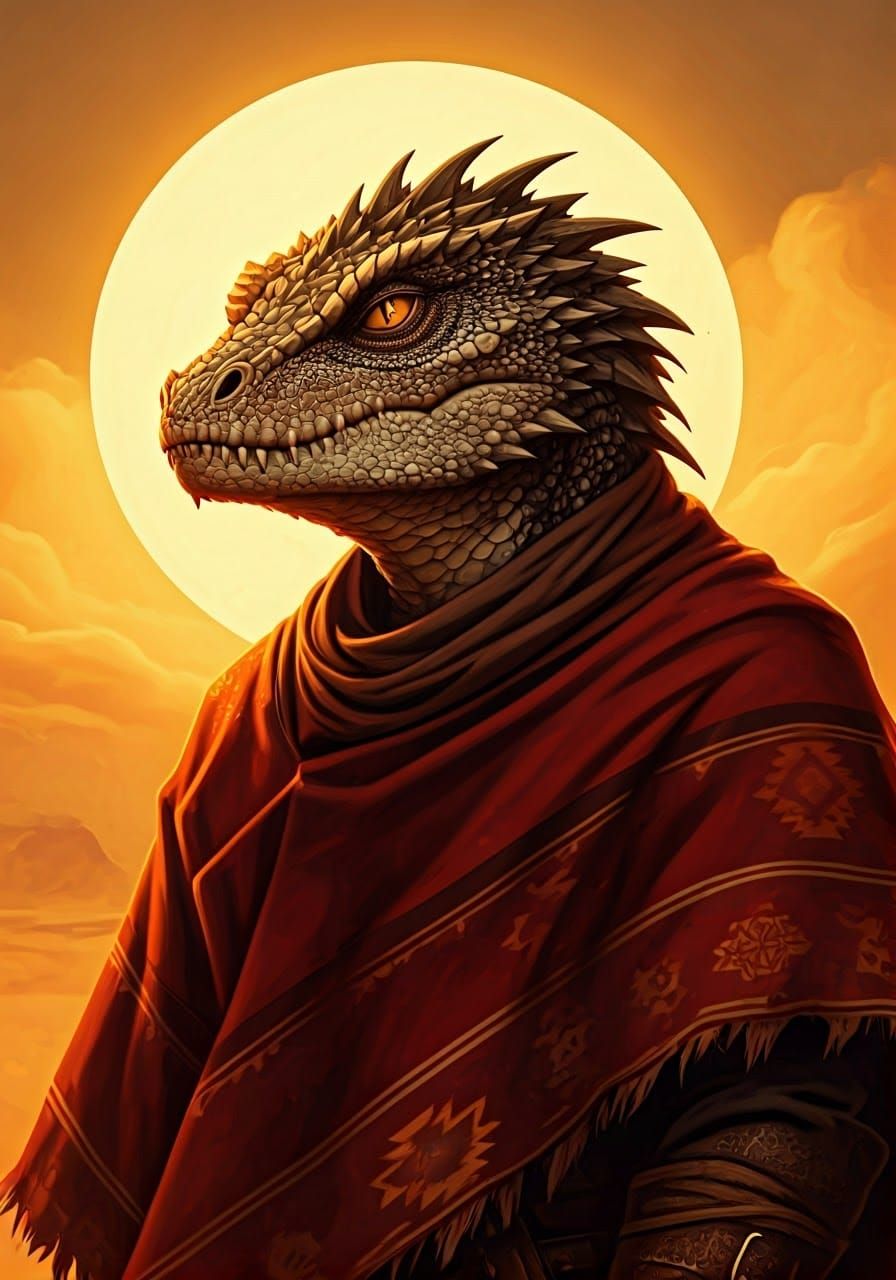 Fantastical Lizardfolk in a Worn Poncho