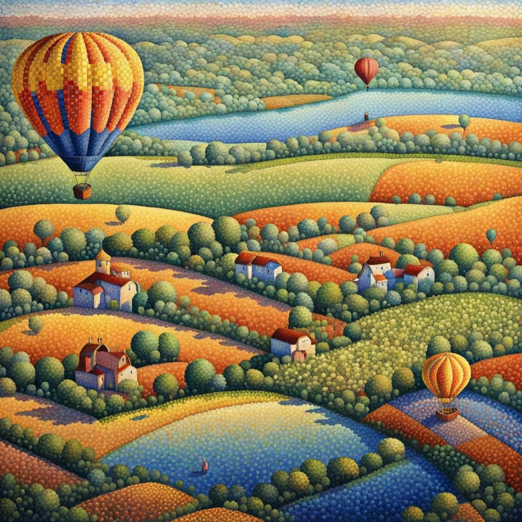 Hot Air Balloon Over Landscape in Pointillism Style