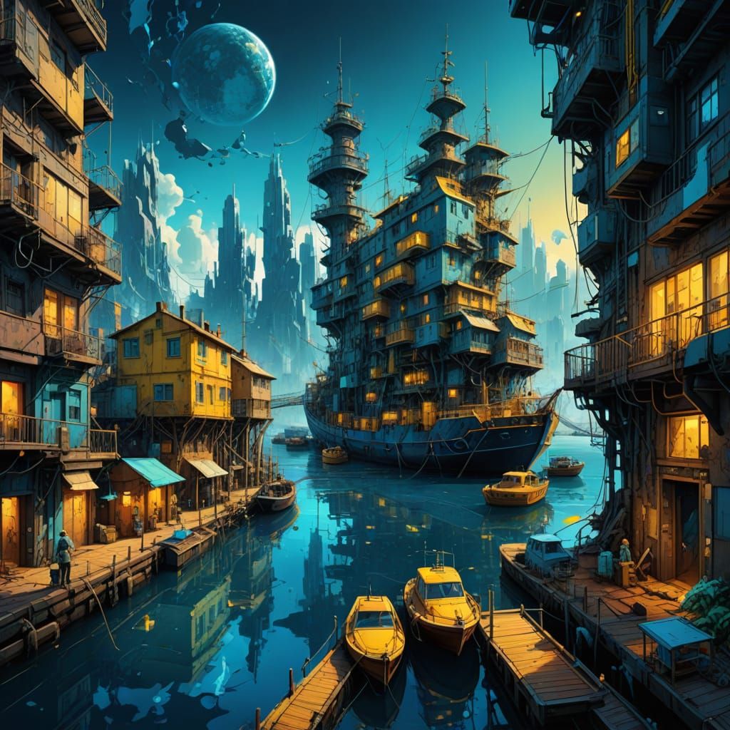 "Futuristic harbour in bright blue yellow", highly detailed mixed textured