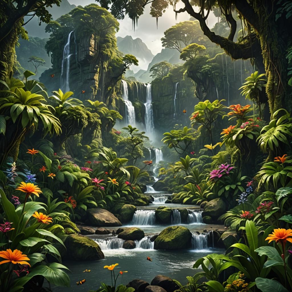 Lush Rainforest Wildlife in Detailed Matte Painting