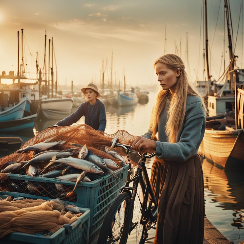 Girl with Bicycle in Golden Hour Harbor