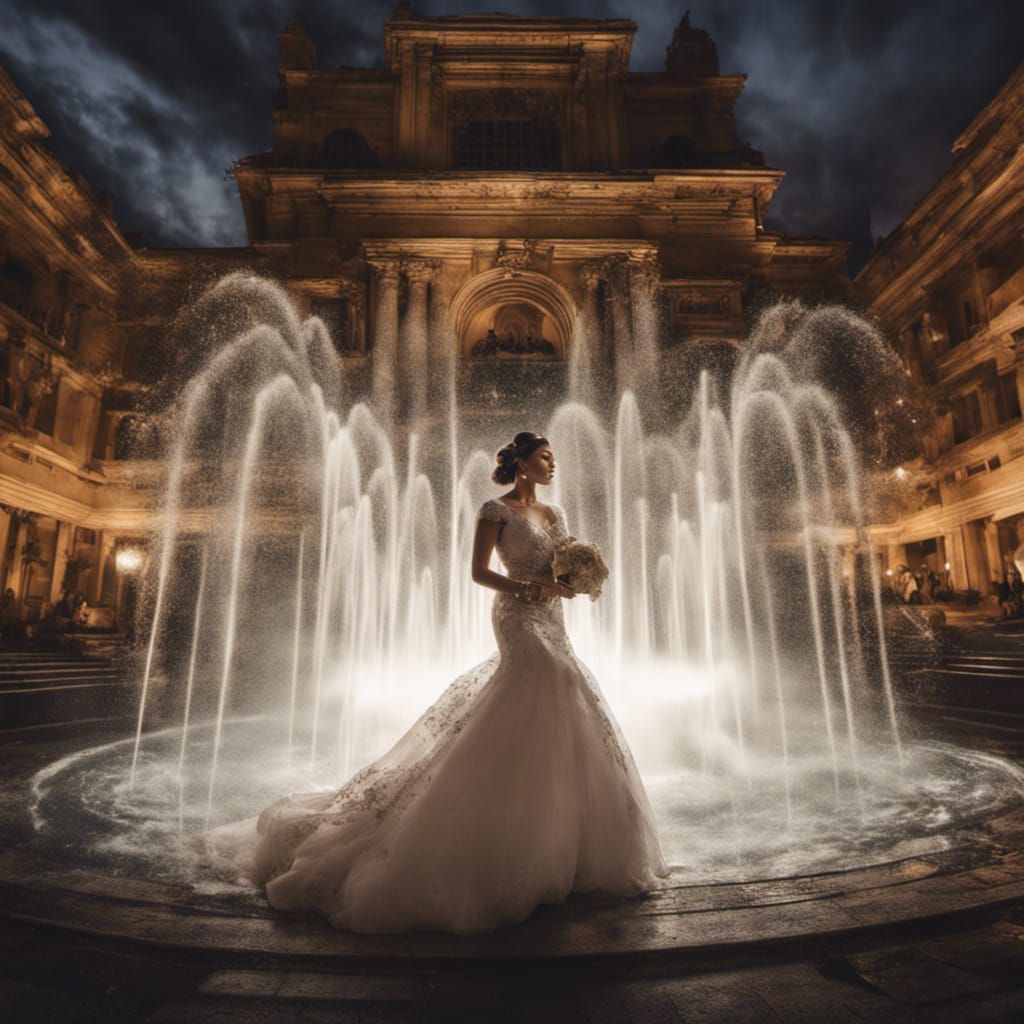 Cinematic Wedding Night: Bride and Spinning Fountain