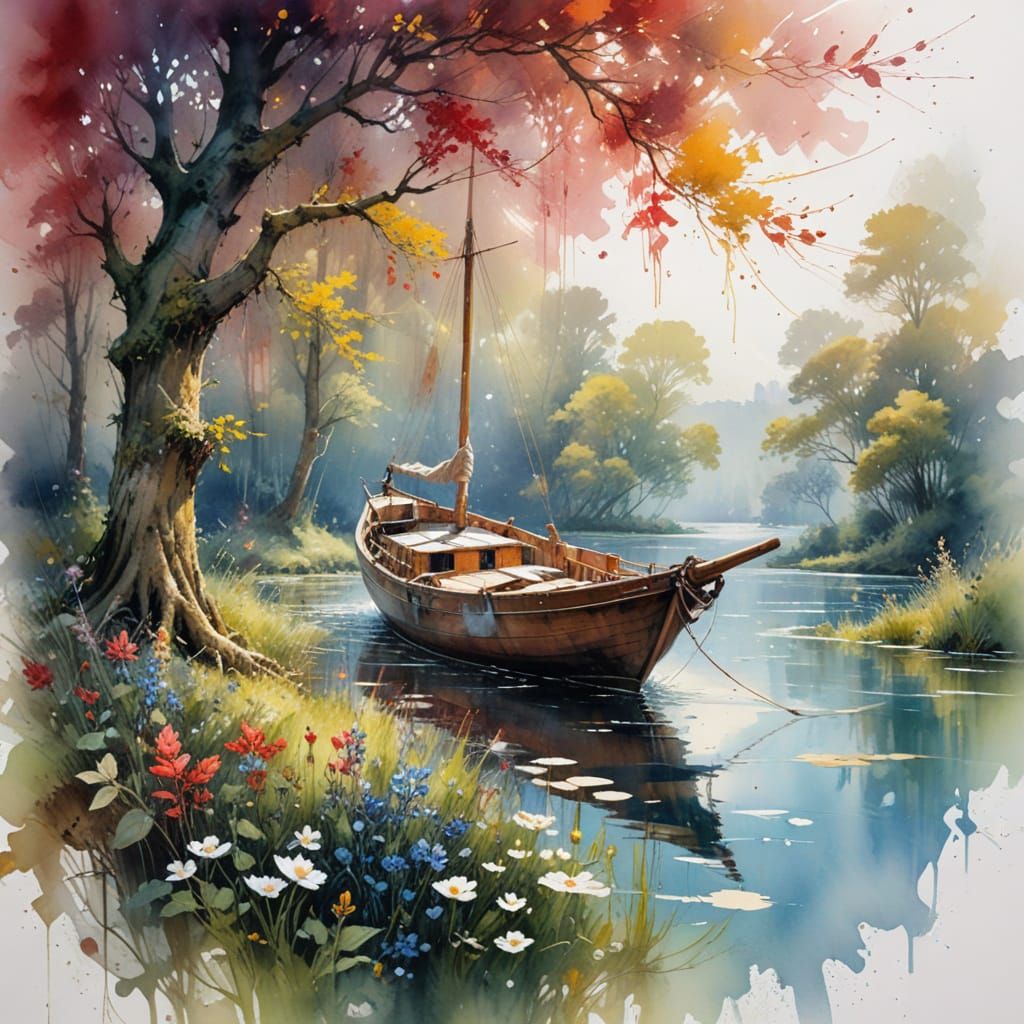 Sailing Boat on Luminous Lake Watercolor