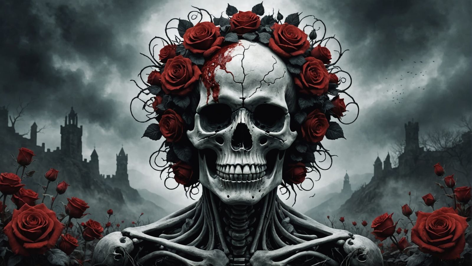 Chromo Skeleton Head in a Black Rose Spiral