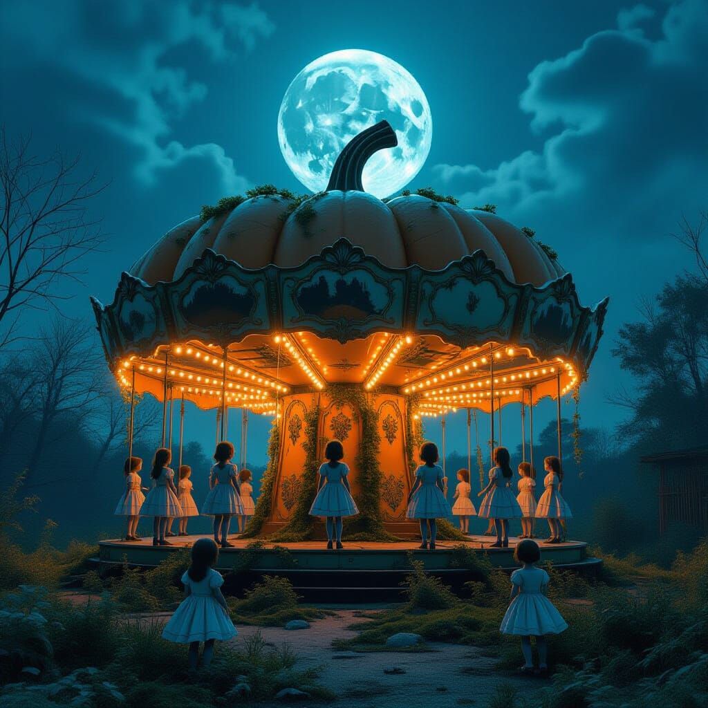 Giant Pumpkin Carousel in Moonlit Abandoned Park
