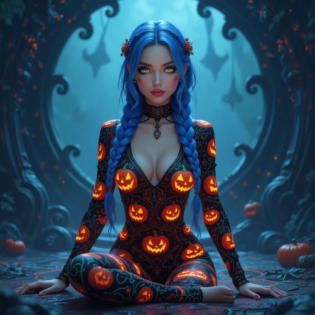 Blue-Haired Cyclops Woman in Halloween Pajamas
