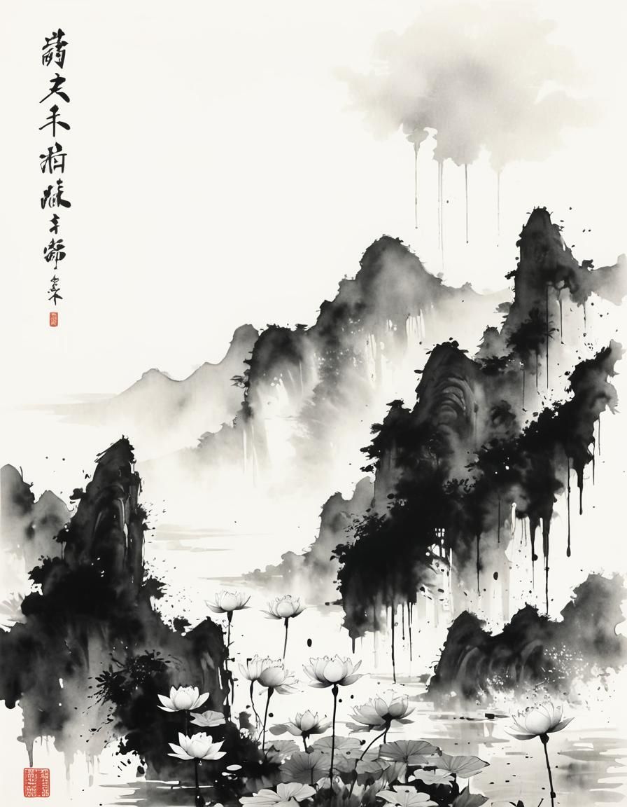 Sesshū Tōyō Style Ink Splatter Lotus Landscape
