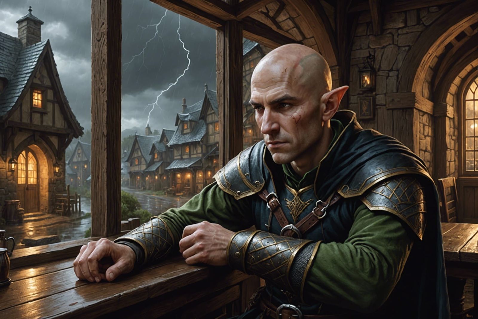 Half-Elf Rogue in Stormy Medieval Tavern