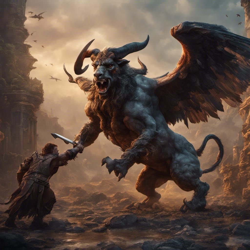 Minotaur and Griffin Battle: Fantasy Concept Art