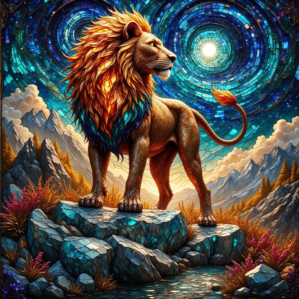 Stardust Lion on Crystalline Peak in Stained Glass Style