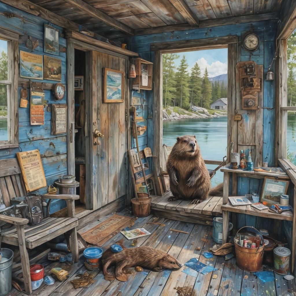 Lakeside Cabin Scene with Beaver and Otter