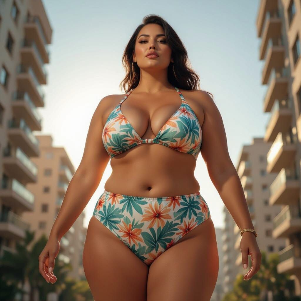 Giant Woman in Beachwear Amidst Cityscape at Golden Hour