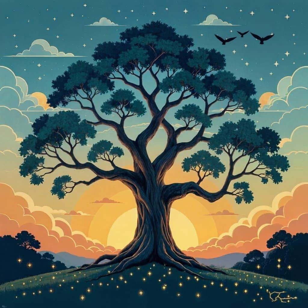 Majestic Ancient Tree in Twilight Sky, Art Deco Style